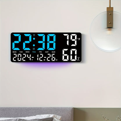 Réveil LED à grand écran avec télécommande à atténuation automatique – Horloge numérique de 15 pouces affichant l'heure, la date, le jour de la semaine, la température et l'humidité – Horloge de chevet pour seniors, salon, bureau