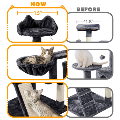 Arbre à chat multiniveaux de 145 cm avec 2 niches – poteaux à griffer en sisal, balle suspendue, plateforme ronde et échelle pour chatons et petits chats d'intérieur, 6 couleurs, cadeau de Noël pour les amoureux des chats