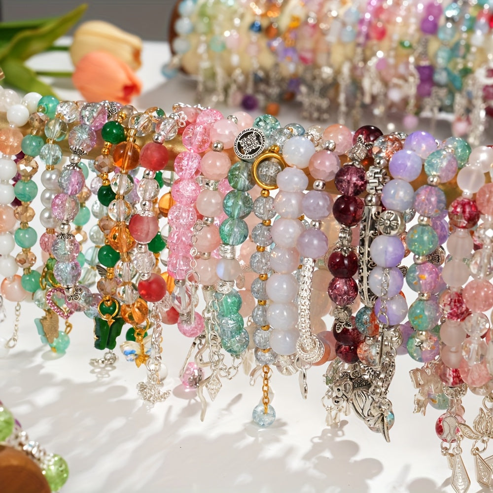 Ensemble de 30 bracelets de perles en verre pour femme, bracelets extensibles empilables avec breloques papillon, fleurs, cœurs et étoiles, multicolores - Coffret cadeau de bijoux bohèmes pour la Saint-Valentin, un anniversaire ou une fête