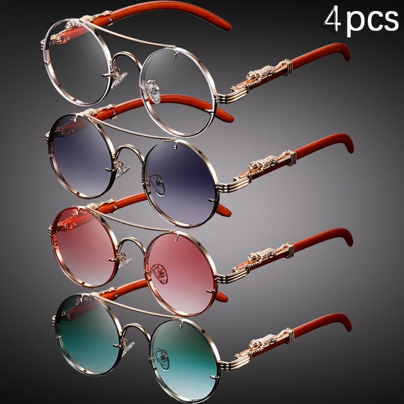 Lot de 4 paires de lunettes rondes punk rock avec charnières léopard et détails écailles de tortue – Monture en métal rétro avec verres en polycarbonate, lunettes tendance unisexe pour soirées, photos et usage quotidien