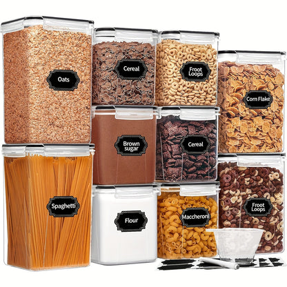 Lot de 10 récipients hermétiques de conservation des aliments avec couvercles – Organiseurs sans BPA pour céréales, farine, sucre et riz, inclut verre doseur, étiquettes et feutre
