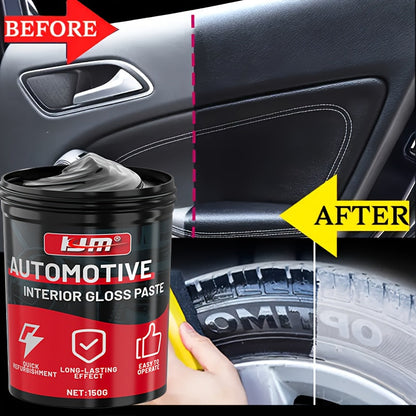 Crème de restauration et blanchiment pour plastiques automobiles KJM 150g avec éponge – Rénovateur tout-en-un pour tableau de bord, pneus et sièges, lustrant pour intérieur de voiture, soin des tissus d'ameublement, brillance longue durée et protection UV