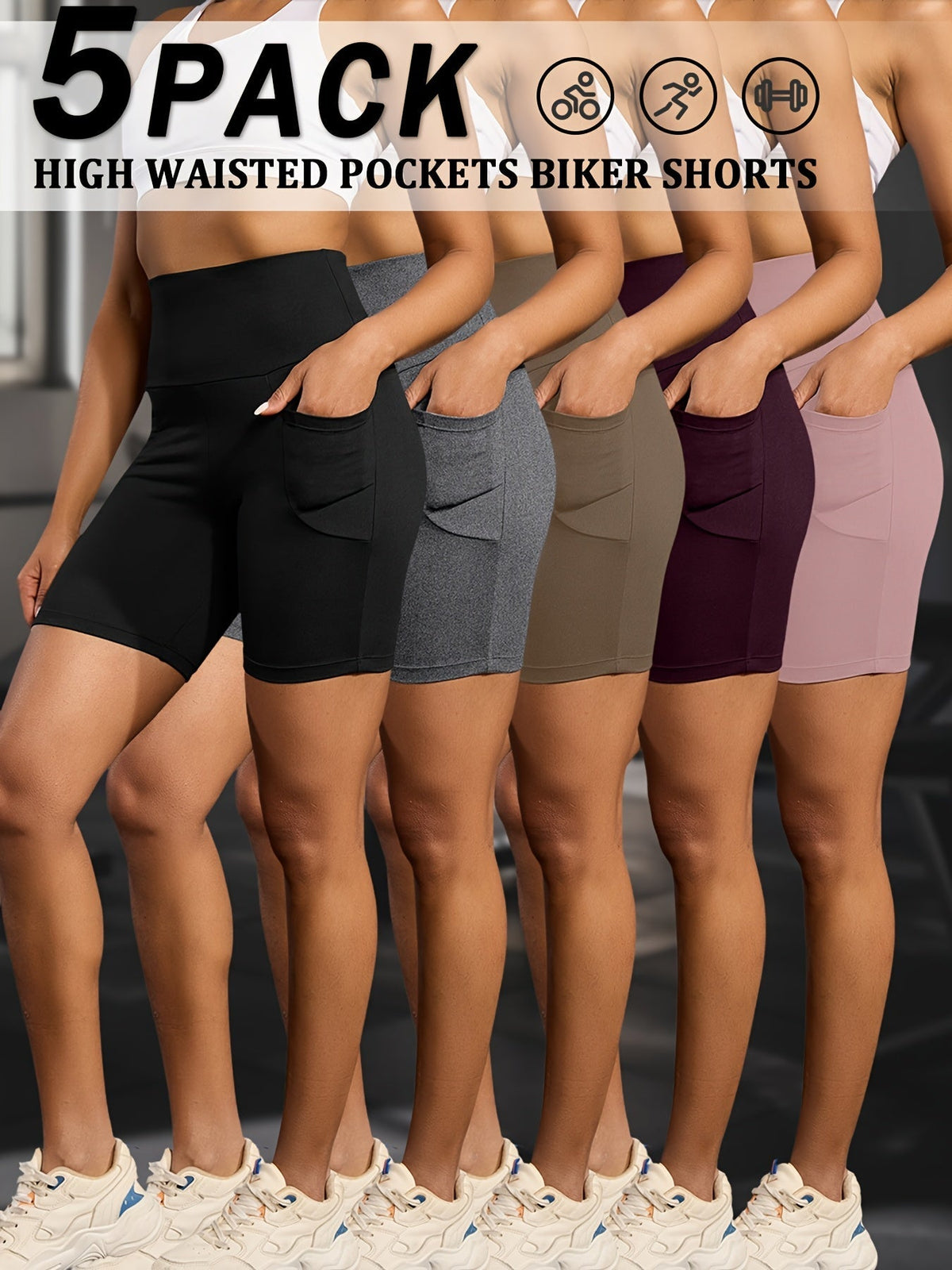 Lot de 5 shorts de cyclisme taille haute pour femme avec poches – Short de sport gainant, opaque, entrejambe de 15 cm, short athlétique ultra-doux et très extensible pour la course, le yoga, la gym et l'entraînement estival