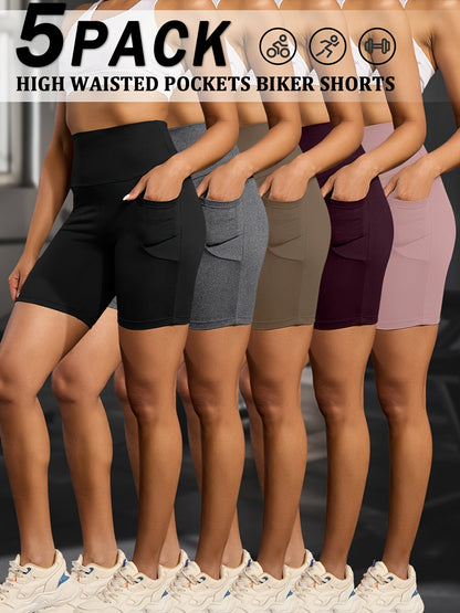 Lot de 5 shorts de cyclisme taille haute pour femme avec poches – Short de sport gainant, opaque, entrejambe de 15 cm, short athlétique ultra-doux et très extensible pour la course, le yoga, la gym et l'entraînement estival