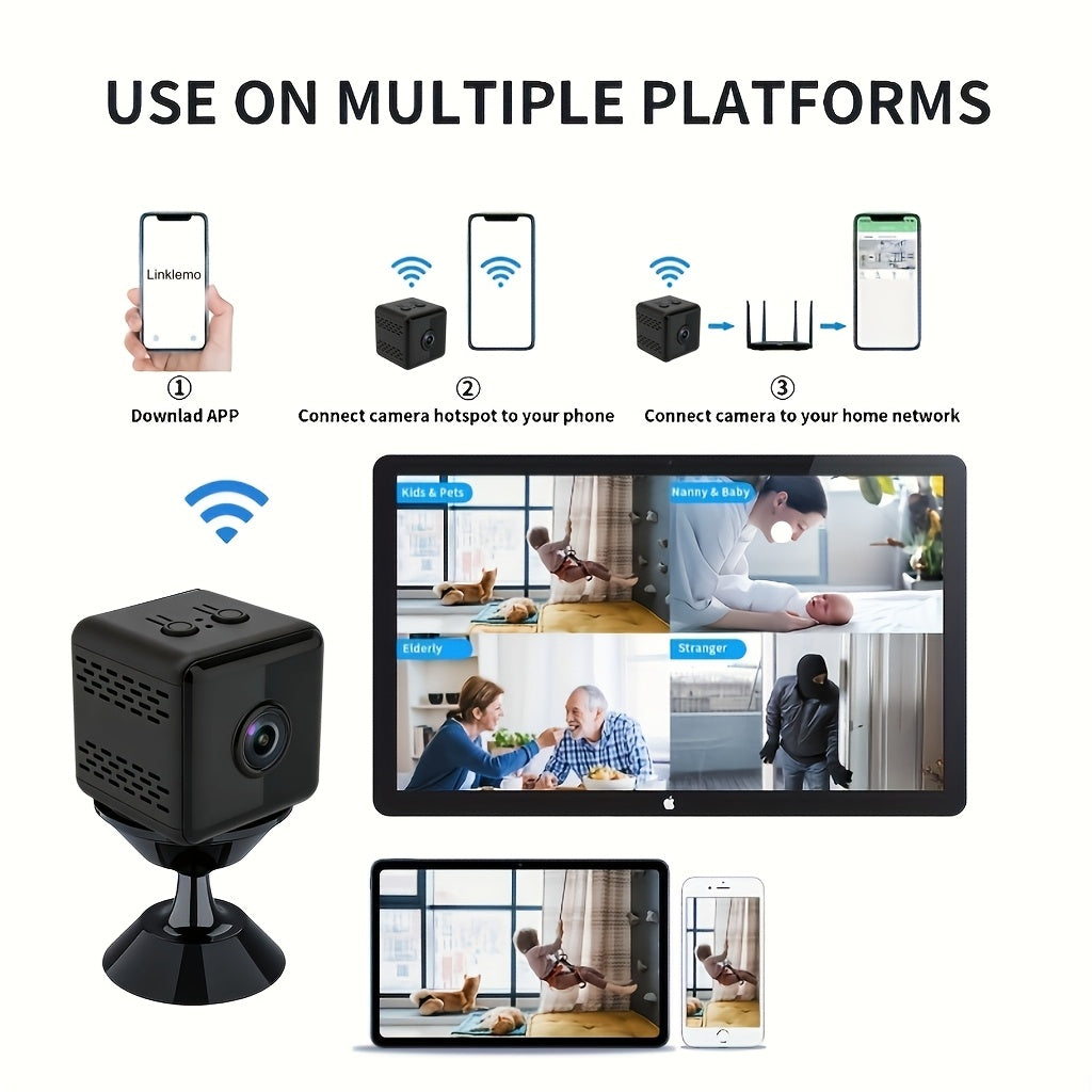 Mini caméra de sécurité sans fil 2K – Caméra de surveillance intérieure WiFi avec vision nocturne, support magnétique, enregistrement continu, moniteur pour bébé et animaux, alimentation USB/batterie, carte SD et stockage cloud
