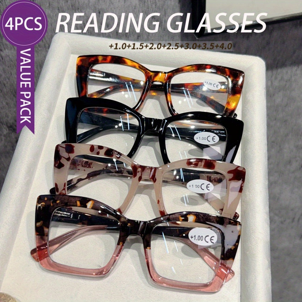 Lunettes de lecture photochromiques œil de chat pour femmes et hommes, lot de 4 paires, monture large multicolore, charnières à ressort, puissance de +1,00 à +4,00, protection UV, style européen et américain tendance, coffret cadeau de vacances