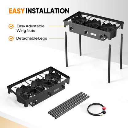 Réchaud à propane haute pression 100 000 - 225 000 BTU - Réchaud de camping extérieur robuste en fonte avec pieds détachables, régulateur certifié CSA, 1 ou 3 brûleurs pour le camping, les fêtes d'avant-match et le brassage