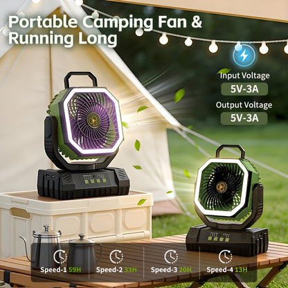 Ventilateur de camping 20000mAh avec télécommande, éclairage LED, oscillation, 4 vitesses, minuterie et batterie externe - Ventilateur de tente rechargeable pour le camping, le pique-nique, le barbecue et la pêche en plein air