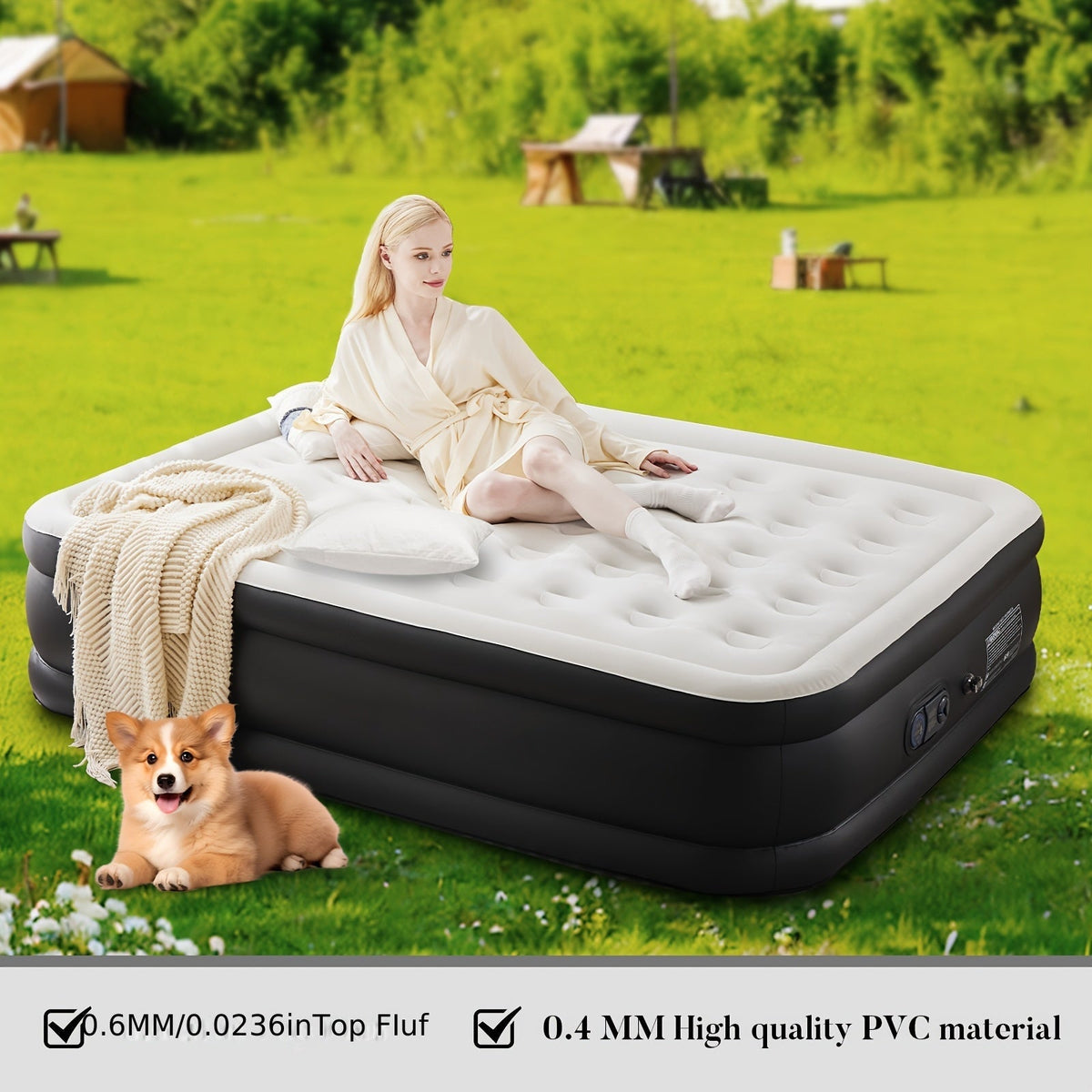 Matelas gonflable avec pompe intégrée – Lit d'appoint double hauteur de 40/46/53 cm d'épaisseur, capacité de 300 kg, base antidérapante – pour la maison, chambre d'amis, camping et usage extérieur