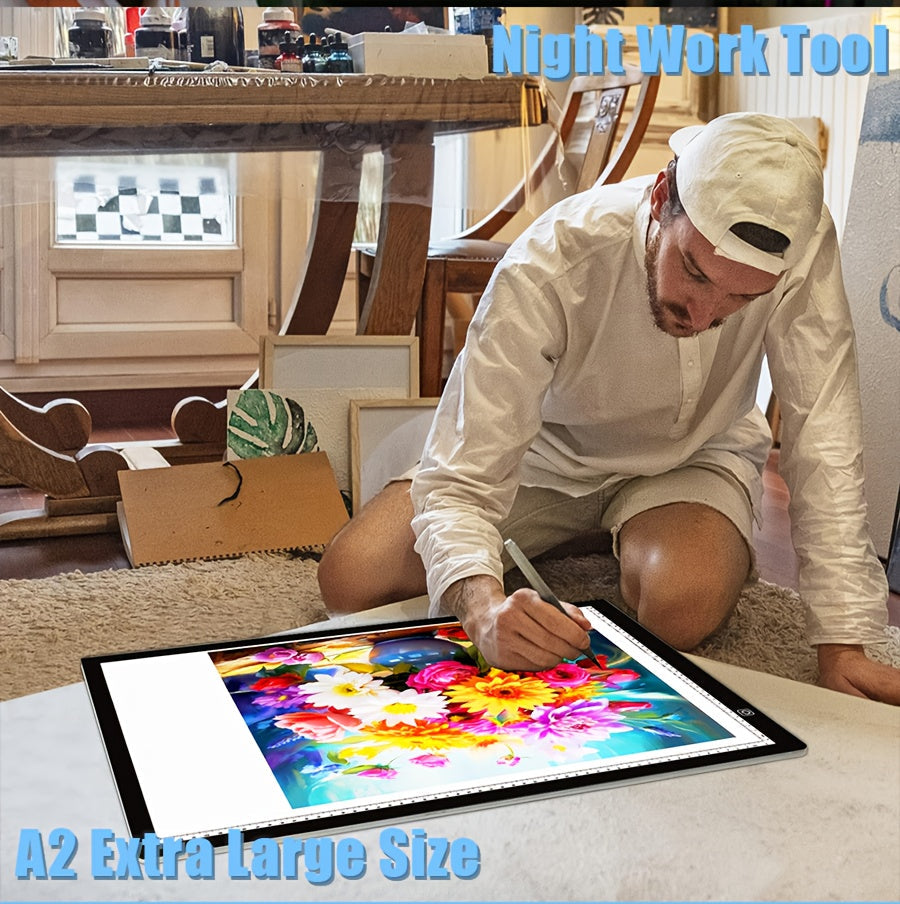 Tablette lumineuse LED pour dessin A2 A3 A4, table à copier ultra-fine à double barre lumineuse avec variateur 3 niveaux et surface sans grille protectrice des yeux pour diamond painting, croquis et dessin