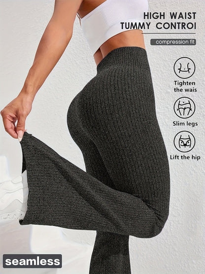 Pantalon évasé taille haute pour femme, gainant, texturé en maille côtelée large, extensible, pour yoga, fitness, course à pied ou décontracté, XS-L, 4 couleurs