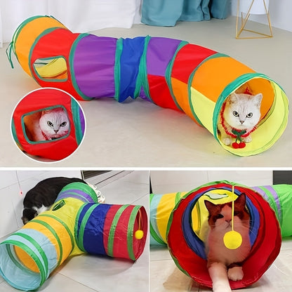 Tunnel pour chat pliable avec balle et ouvertures – Jouet tube arc-en-ciel à 3 voies en forme de S, pliable et connectable pour chats et chatons d'intérieur, configuration de jeu personnalisable