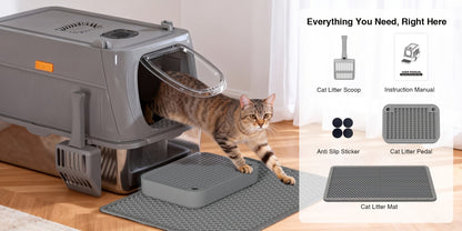 Bac à litière pour chat surdimensionné en acier inoxydable avec couvercle, toilette intérieure pliable anti-éclaboussures avec porte à rabat avant et contrôle supérieur des odeurs