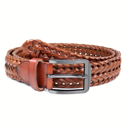 Men's Leather Braided Belt – Woven Hollow Design with Gold Zinc Alloy Buckle, Casual Dress Belt for Golf Pants Jeans Everyday Wear, Sizes 34" to 50", Great Gift for Dad