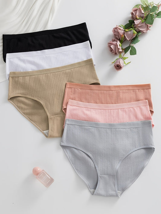6-Pack Ribbed Thong Panties – Women's Soft Breathable Mid-Waist Triangle Underwear, Rib-Knit Texture, Solid Colors, Maternity-Friendly Everyday Panties