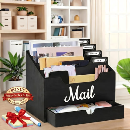 Grand organisateur de courrier de bureau en bois massif avec tiroir, 4 compartiments et séparateurs étiquetables pour dossiers, lettres et papier, organisateur de bureau pour bureau à domicile, étudiants et professionnels