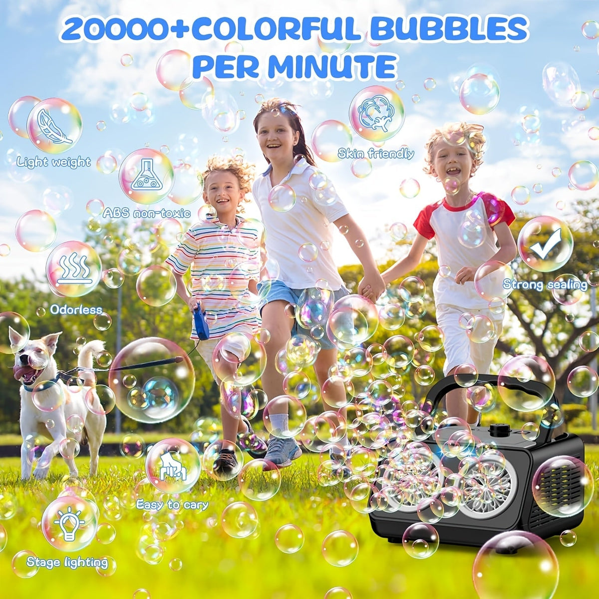 Machine à bulles automatique améliorée, conception épaissie à 2 ventilateurs, plus de 20 000 bulles par minute, sur secteur ou sur piles, souffleur de bulles portable pour intérieur et extérieur pour fêtes d'anniversaire, mariages, enfants, blanc noir