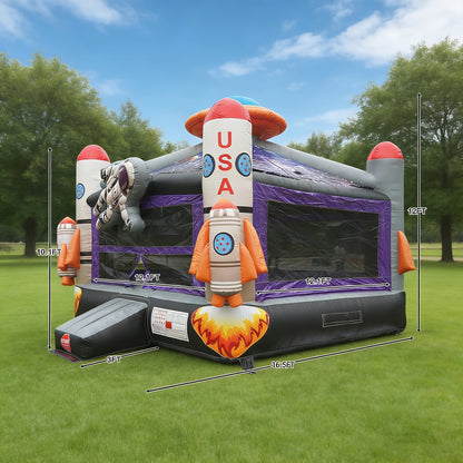 Château gonflable Espace 5 m - Structure gonflable professionnelle en PVC, thème astronaute et fusée, toit ciel étoilé, panier de basket, filets de sécurité à 360° | Fête d'enfants en extérieur (avec ou sans soufflerie)