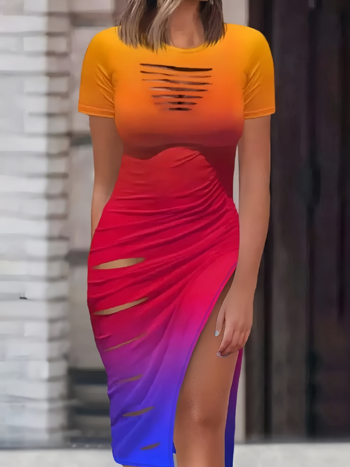 Robe moulante sexy pour femme avec découpes et cordon de serrage, robe courte à manches courtes et ourlet fendu, robe d'été ajustée pour club et soirée S M L XL XXL