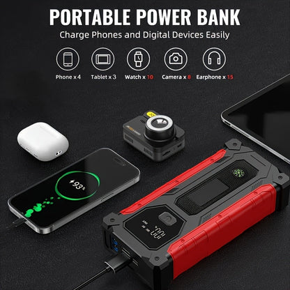 Démarreur de voiture 3000A 9-en-1 avec gonfleur de pneus intégré, ports USB et lampe de secours LED – Booster de batterie portable sans fil 12V pour voitures, camions et SUV – Outil d'urgence routière – Velora