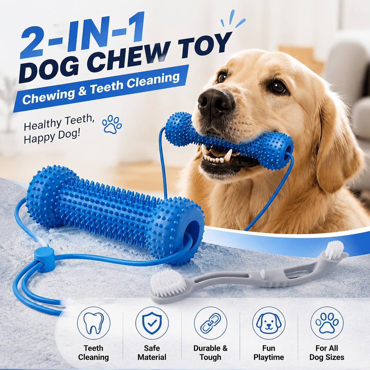 Lot de 2 bâtonnets de dentition et brosses à dents pour chien - Brosse à dents durable à mâcher avec sangle d'ouverture de gueule pour un brossage facile, jouet de soin dentaire à double usage pour chiens, couleur aléatoire