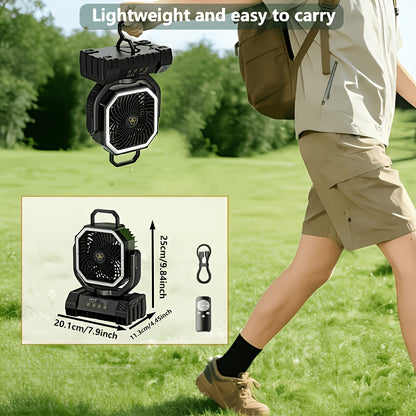 Ventilateur de camping 20000mAh avec télécommande, éclairage LED, oscillation, 4 vitesses, minuterie et batterie externe - Ventilateur de tente rechargeable pour le camping, le pique-nique, le barbecue et la pêche en plein air