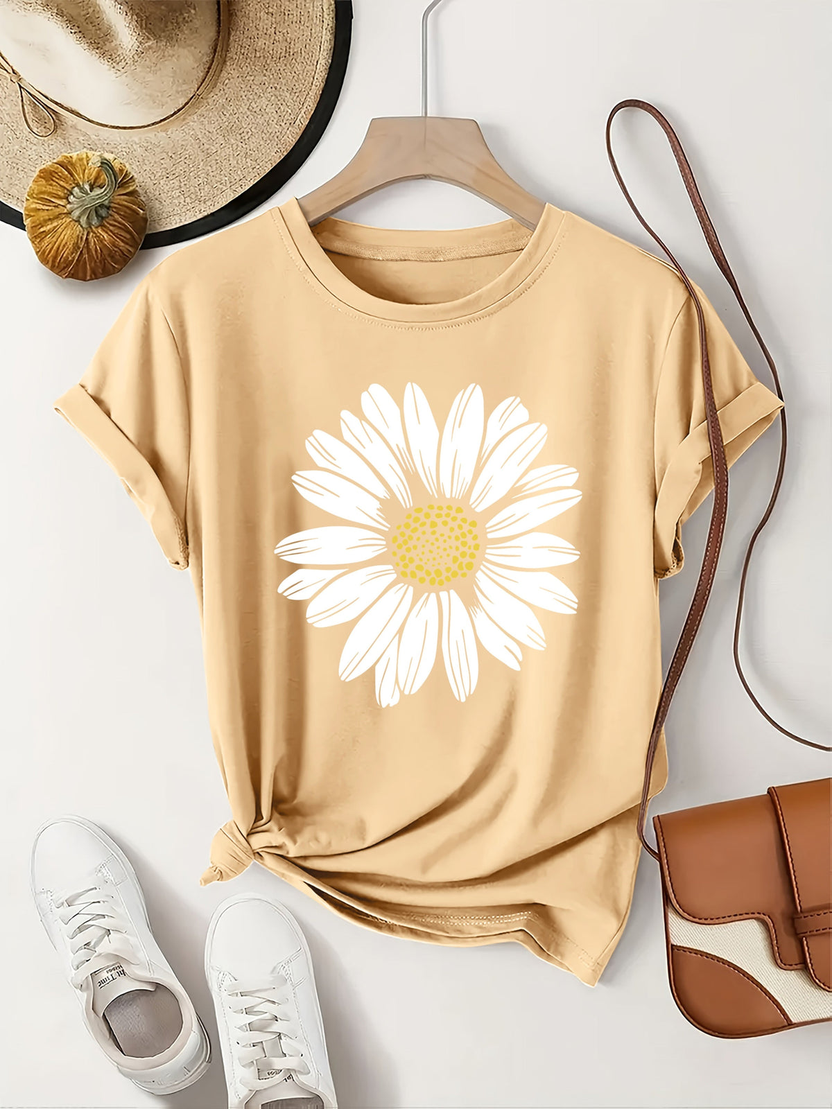 T-shirt à col rond imprimé marguerites pour femme | Hauts d'été décontractés pour femme, t-shirts à manches courtes avec motif floral mignon S M L XL XXL