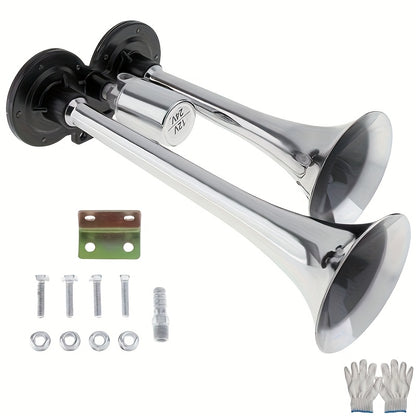 Kit de klaxon à air double super puissant 12V 24V avec compresseur d'air 105-137 dB, klaxon électrique universel en alliage d'aluminium pour camion, train, voiture, SUV, moto, bateau et pick-up