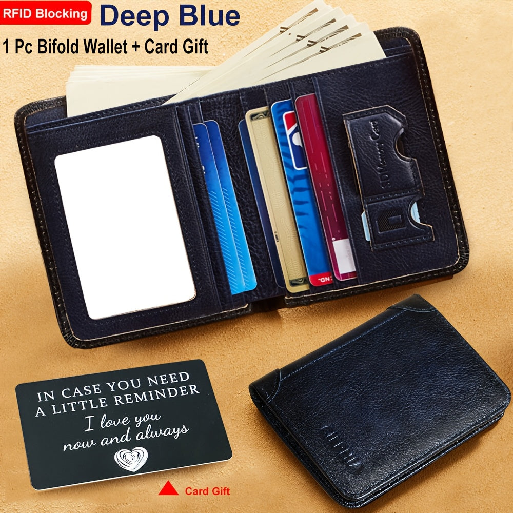 Portefeuille pour homme en cuir véritable avec protection RFID, trois volets, cuir de vachette vintage, porte-cartes de crédit, 2 fenêtres pour carte d'identité, pince à billets, emplacements pour espèces, cadeau de fête des pères pour papa ou mari
