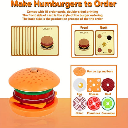 Ensemble de jeu de construction de hamburger en bois, jeu de motricité fine avec pièces alimentaires et cartes de commande, jouet Montessori d'imitation pour tout-petits de 3 ans et plus, cadeau d'anniversaire, d'Halloween, de Thanksgiving et de Noël