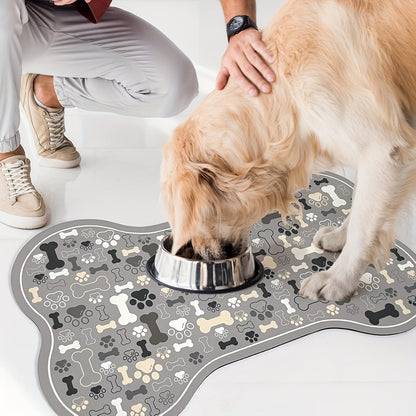 Dog Feeding Mat Non-Slip Quick-Dry Paw Print & Fishbone Design - Durable Polyester Pet Food & Water Bowl Pad for Small to Medium Dogs, Waterproof Easy-Clean Dog Placemat for Kitchen & Floor