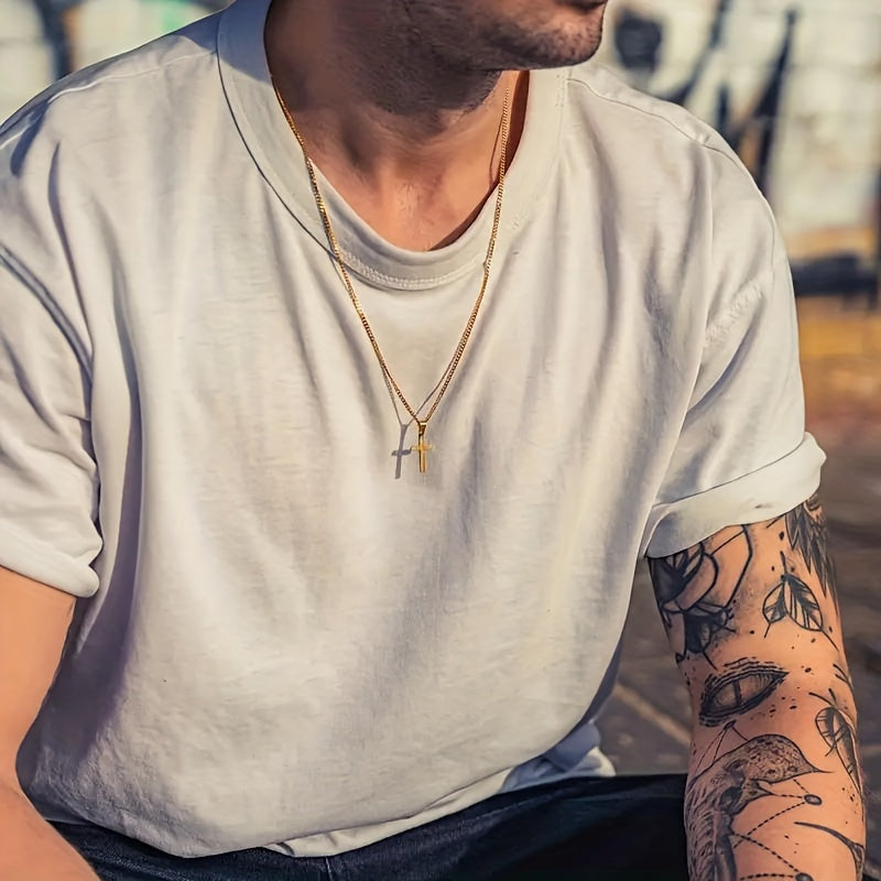 Collier avec pendentif croix pour homme, chaîne cubaine plaquée or 18 carats, acier inoxydable 304, bijou minimaliste et décontracté, cadeau pour lui, acier doré