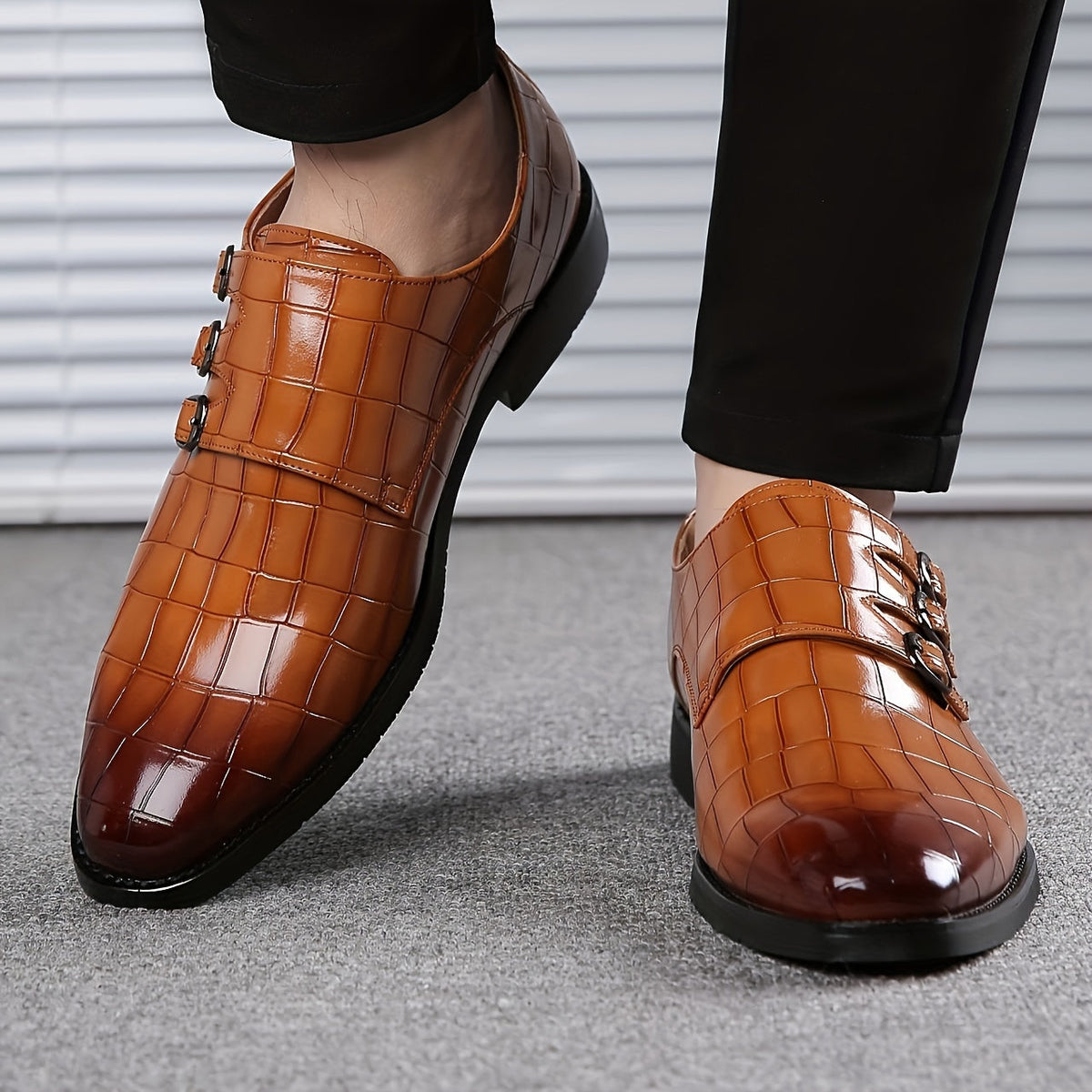 Chaussures habillées à double boucle pour homme, texture façon pierre, mocassins à enfiler – Style Oxford élégant et tendance pour le travail, les mariages et les grandes occasions, tailles US 6 à 12,5