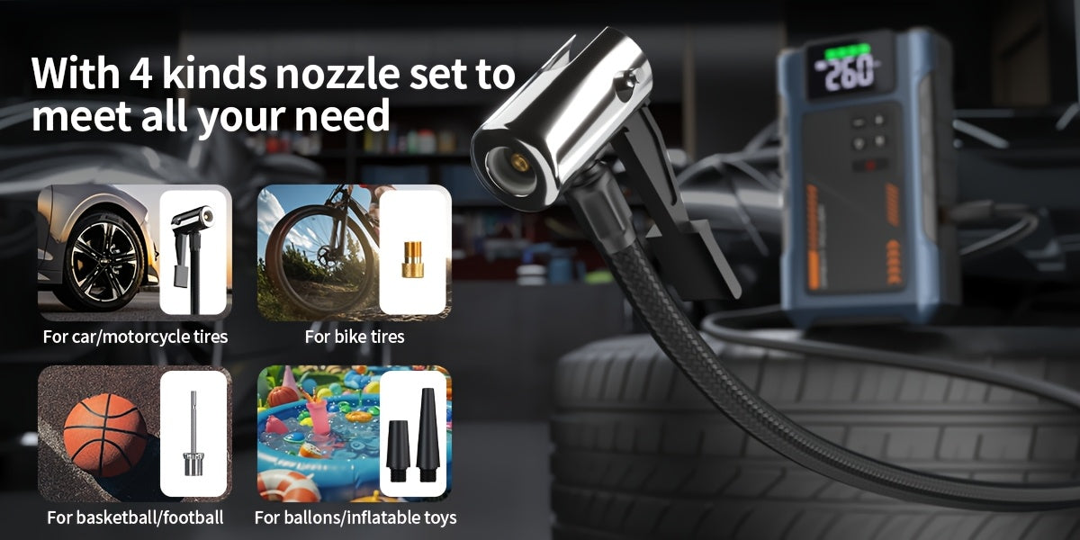 Démarreur de voiture 4000A avec compresseur d'air et gonfleur de pneus – Booster de batterie portable tout-en-un pour moteurs essence et diesel, lampe LED, batterie externe USB, affichage numérique, démarreur d'urgence compact