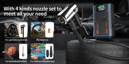 Démarreur de voiture 4000A avec compresseur d'air et gonfleur de pneus – Booster de batterie portable tout-en-un pour moteurs essence et diesel, lampe LED, batterie externe USB, affichage numérique, démarreur d'urgence compact