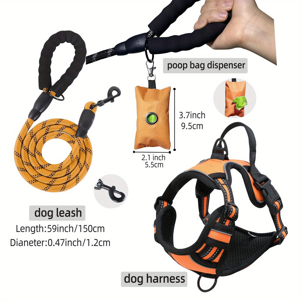 Ensemble laisse, harnais et distributeur de sacs à déjections pour chien – Harnais gilet réglable, respirant et anti-fugue pour chiens de taille moyenne à grande avec bandes réfléchissantes – Kit de promenade anti-traction rembourré avec porte-sac intégré