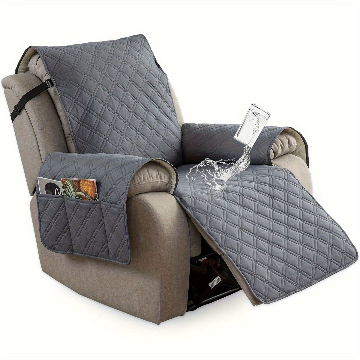 Housse de fauteuil inclinable imperméable avec poches latérales, sangles antidérapantes, tissu matelassé 4 couches, protection contre les animaux et les enfants, lavable en machine – 11 couleurs