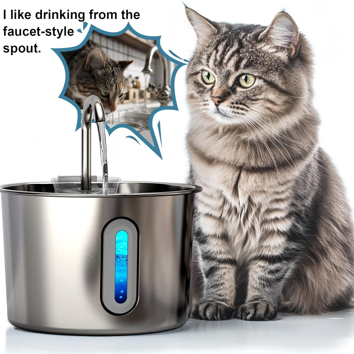 Fontaine à eau pour chat en acier inoxydable 2,2 L - Pompe USB ultra-silencieuse, débit type robinet, filtre à 3 étapes et fenêtre de niveau d'eau visible, fontaine automatique pour chats et petits chiens en intérieur