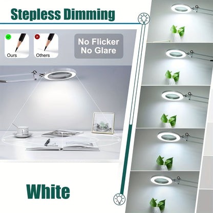 15X Magnification LED Magnifying Glass Lamp with Adjustable Arm & Clamp Base – Dimmable 3-Color Light, USB-Powered Desk Magnifier for Reading, Crafts, Manicure, Sewing & Precision Work (Black/White)