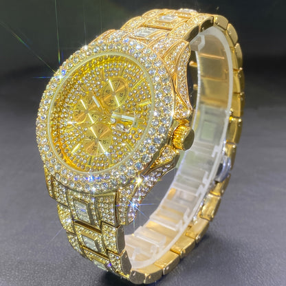 Montre à quartz de luxe avec strass pour hommes et femmes – Montre hip-hop étanche avec date automatique en or et argent, cadran en zircon cubique scintillant, parfaite pour les fêtes et le quotidien