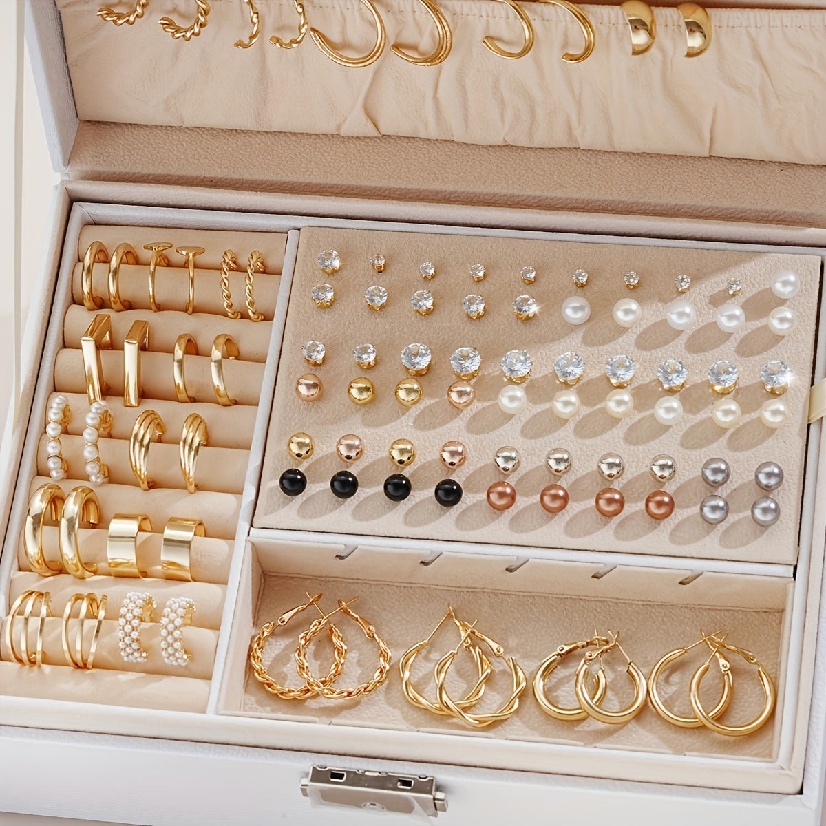 Lot de 108 boucles d'oreilles pour femmes, mélange de perles, strass, métal, clous géométriques et créoles - Ensemble de bijoux bohèmes pour le quotidien, les vacances, les rendez-vous, les fêtes et les cadeaux