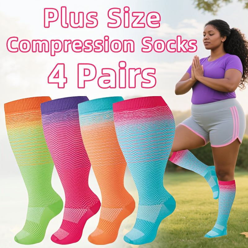 4 paires de chaussettes de compression pour femme, extra larges et extra longues, à motif floral, 80 % polyamide, tricot extensible pour femmes enceintes, infirmières, course à pied, cyclisme, yoga, randonnée et voyage – toutes saisons