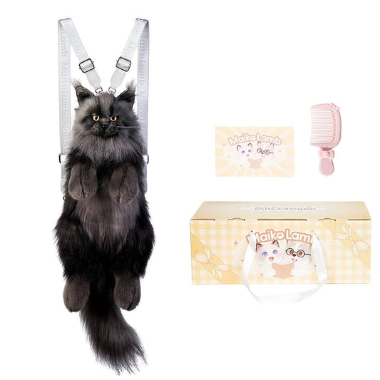 Sac à dos en peluche réaliste de chat Maine Coon noir - Sac mignon en forme d'animal, fait main, en polyester doux, grande capacité avec coffret cadeau et peigne | Cadeau d'anniversaire, d'Halloween ou de Noël pour filles et amoureux des chats