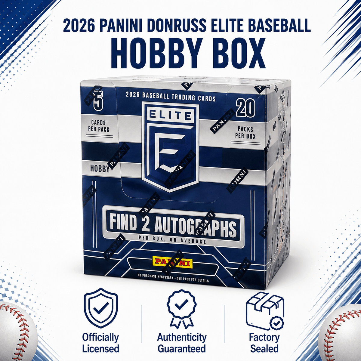 Boîte Hobby Panini Donruss Elite Baseball 2026 – 20 paquets, 2 autographes par boîte, chasse aux Kaboom, cartes memorabilia, légendes et espoirs – Ensemble de collection de cartes de baseball scellé premium