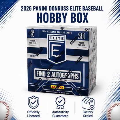 Boîte Hobby Panini Donruss Elite Baseball 2026 – 20 paquets, 2 autographes par boîte, chasse aux Kaboom, cartes memorabilia, légendes et espoirs – Ensemble de collection de cartes de baseball scellé premium
