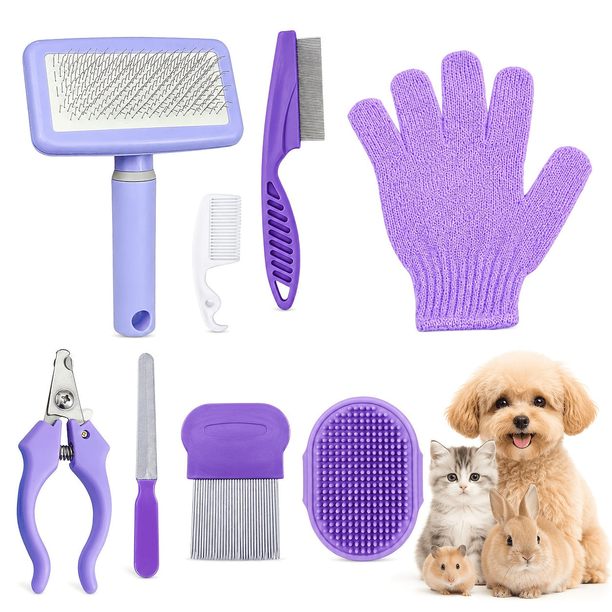 Kit de 8 peignes de toilettage pour chiens, chats et petits animaux - Kit complet d'entretien pour poils longs et courts, peignes multifonctions pour tous les types de pelage, essentiel pour le toilettage à domicile (violet)