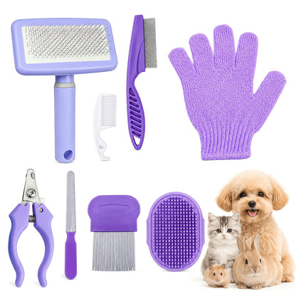 Kit de 8 peignes de toilettage pour chiens, chats et petits animaux - Kit complet d'entretien pour poils longs et courts, peignes multifonctions pour tous les types de pelage, essentiel pour le toilettage à domicile (violet)