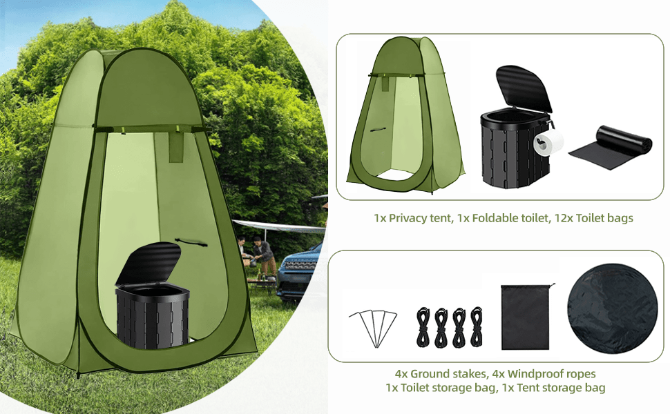 Toilettes de camping portables et tente d'intimité – Tente WC escamotable pour adultes avec 12 sacs, piquets de sol, cordes coupe-vent et tapis isolant, toilettes pliables pour le camping, les voyages et la randonnée