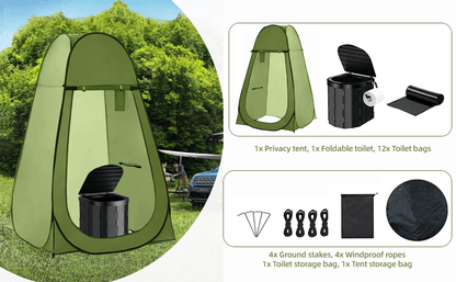 Toilettes de camping portables et tente d'intimité – Tente WC escamotable pour adultes avec 12 sacs, piquets de sol, cordes coupe-vent et tapis isolant, toilettes pliables pour le camping, les voyages et la randonnée