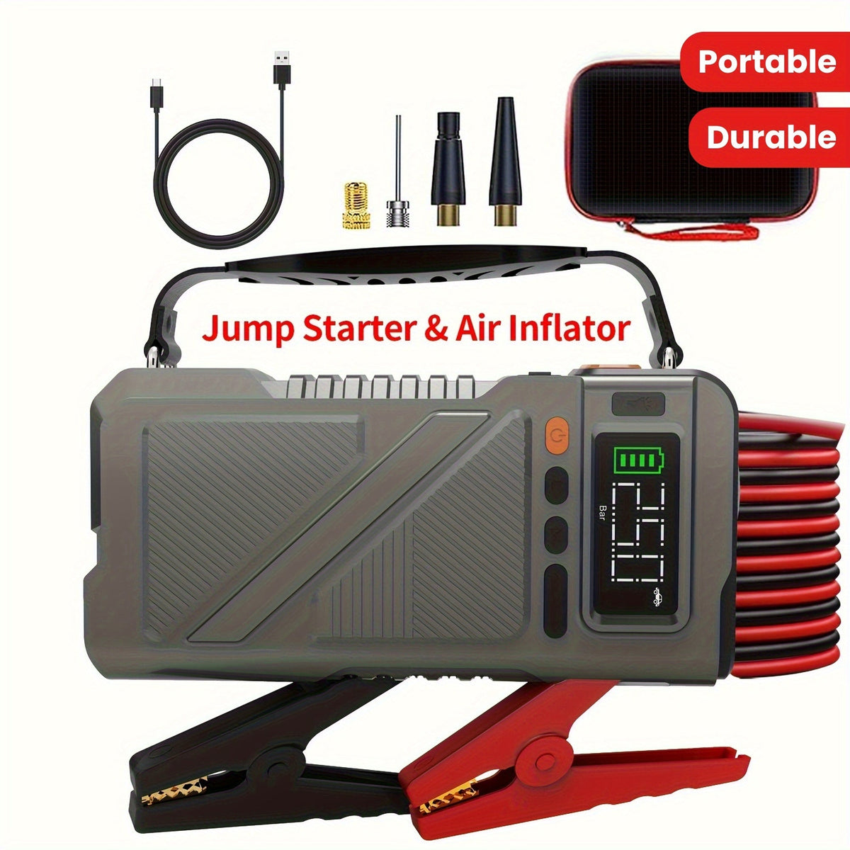 Démarreur portable 6000 A/9000 A avec compresseur d'air 150 PSI – Boîtier de démarrage 7-en-1 avec gonfleur de pneus numérique et batterie externe pour moteurs à essence (10 L) et diesel (9,0 L), démarreur de voiture avec ports USB